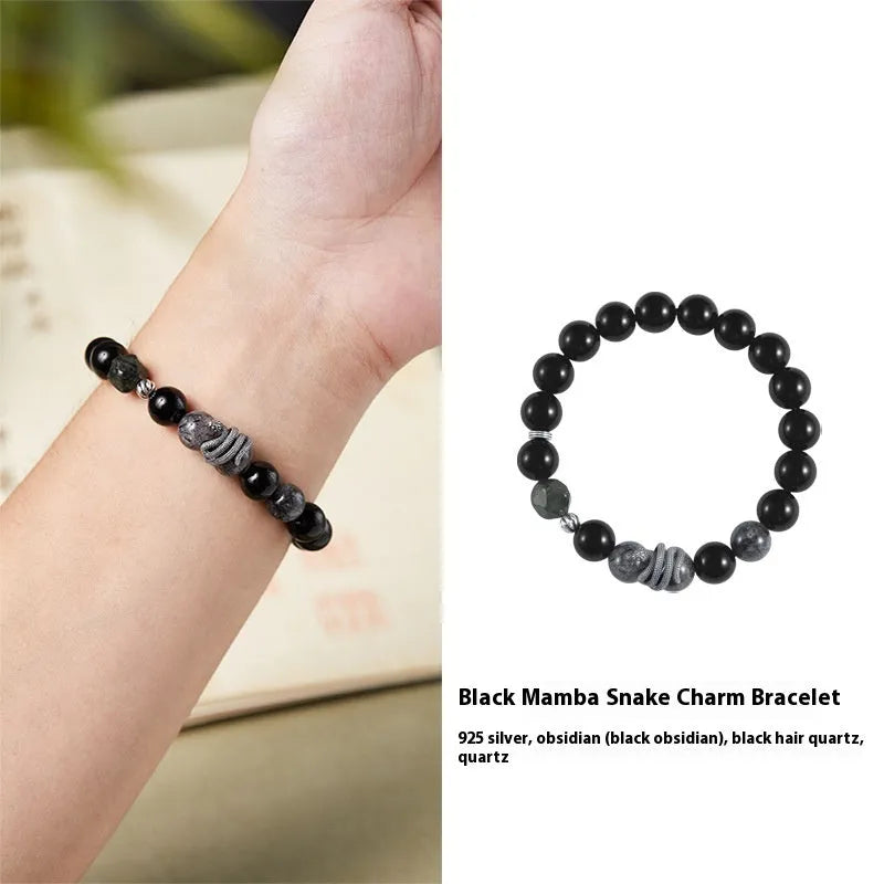 Men's black snake bracelet in sterling silver with obsidian detailing showing 10mm diameter