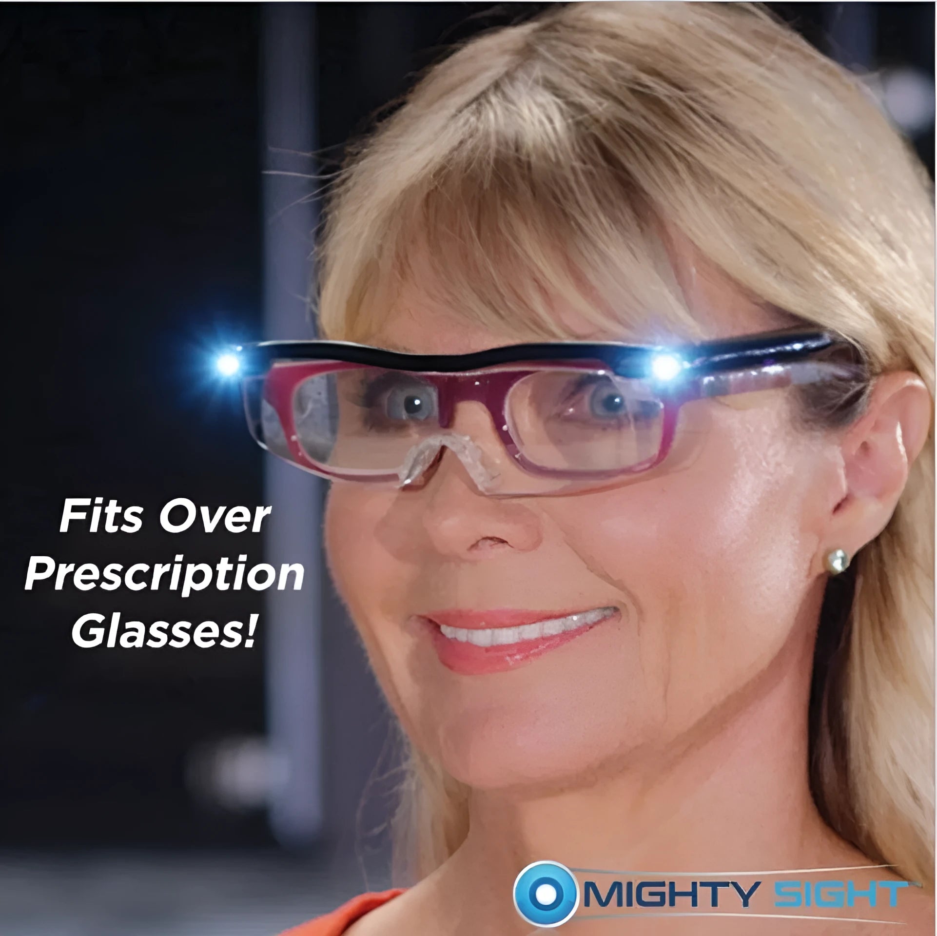 Transparent black USB LED reading glasses with integrated light on the frame.