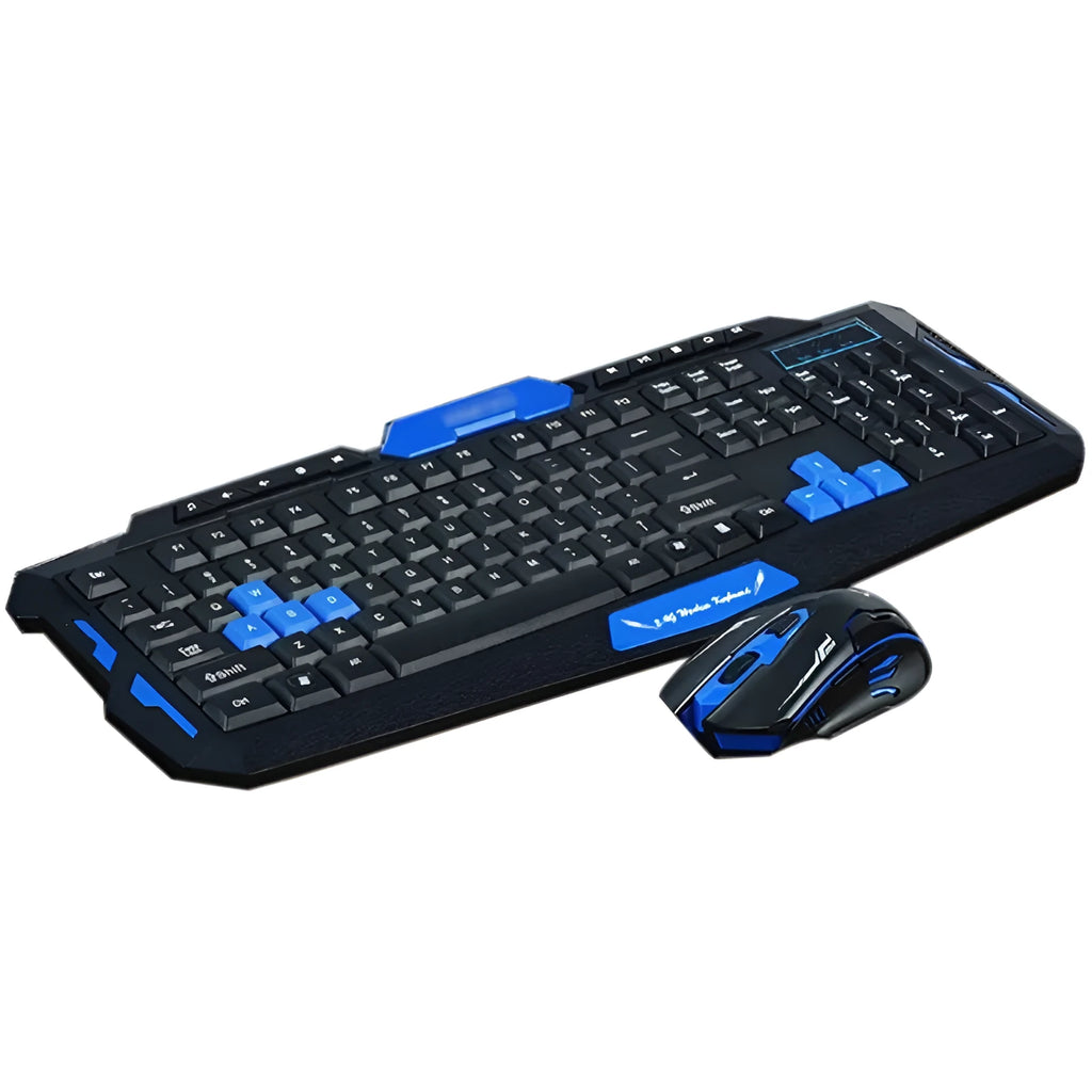 Blue and black wireless keyboard and mouse set on a desktop