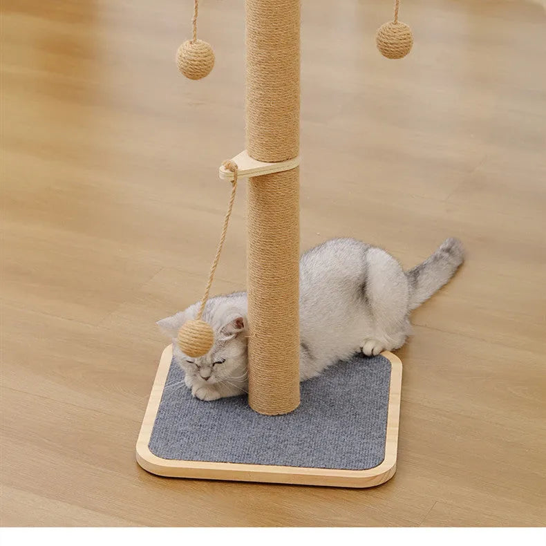 Windmill-shaped cat climbing frame with hanging ball toy made from pine wood and carpet leather