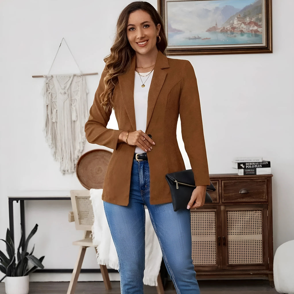 Brown single-breasted leisure suit coat for men with lapel collar and long sleeves made from polyester elastane blend