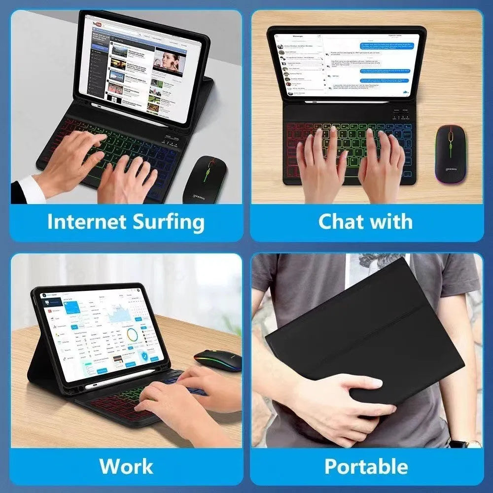 Luminous RGB Bluetooth keyboard iPad case in black leather sheath with shockproof TPU protection and stand feature