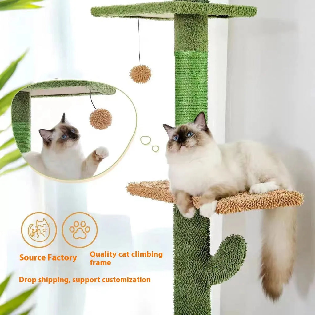 Tall solid wood cat tree with cactus-shaped nest, integrated scratch board, and hanging toys