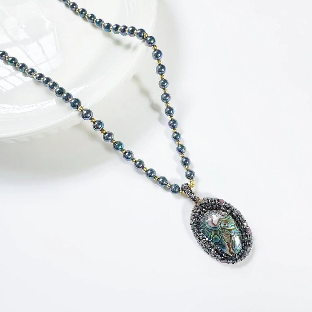 Natural abalone shell oval pendant necklace with black stone beaded chain and 60+5cm vintage colour finish