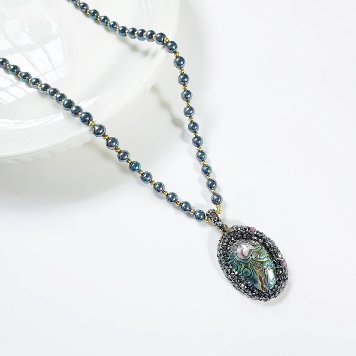 Natural abalone shell oval pendant necklace with black stone beaded chain and 60+5cm vintage colour finish