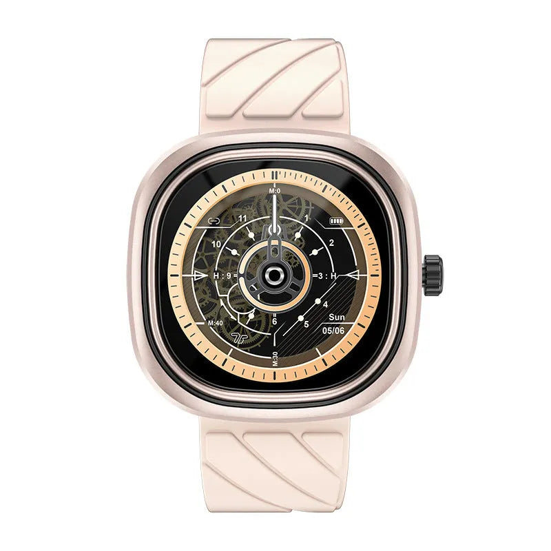 Black smart bracelet watch with 1.32-inch screen and silicone band on a wrist.