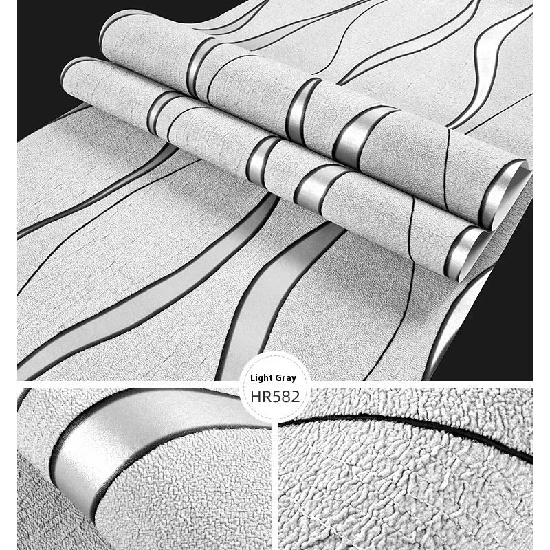 Curve stripe pattern 3D wallpaper roll in light grey and dark brown deerskin velvet colours