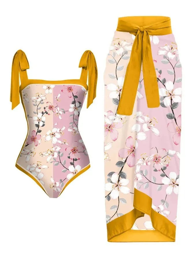 Women's printed two-piece chiffon swimsuit with matching hip skirt in polyester fabric