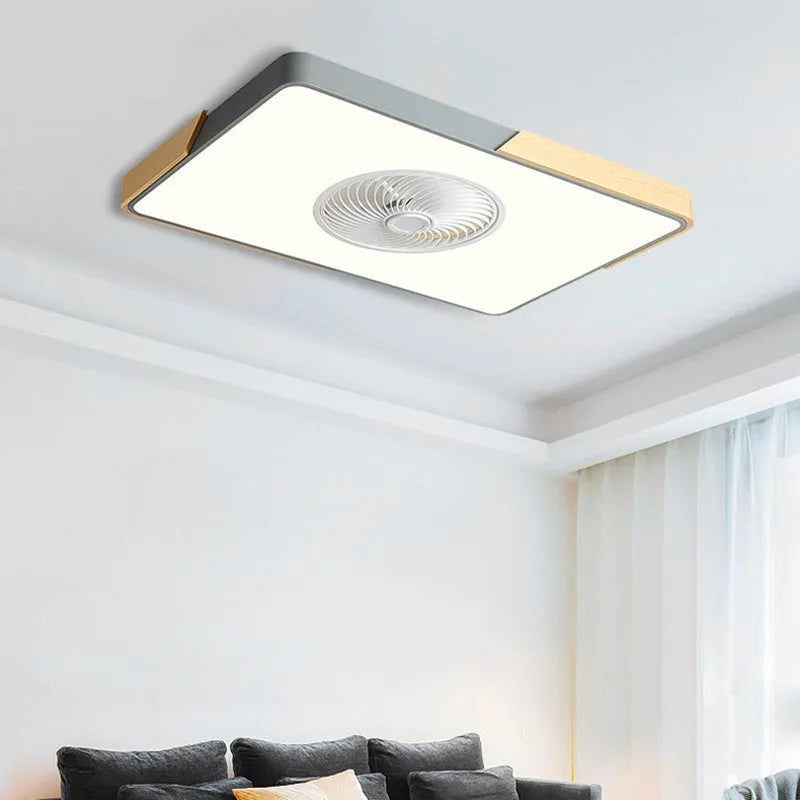 Nordic ceiling fan light with solid wood frame and white PVC lampshade, shown in rectangular, round, and square shapes.