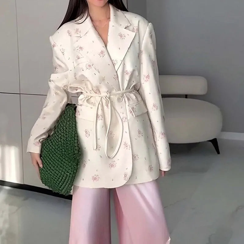 Collar lace-up waist-tight suit jacket with floral print pattern and adjustable waist