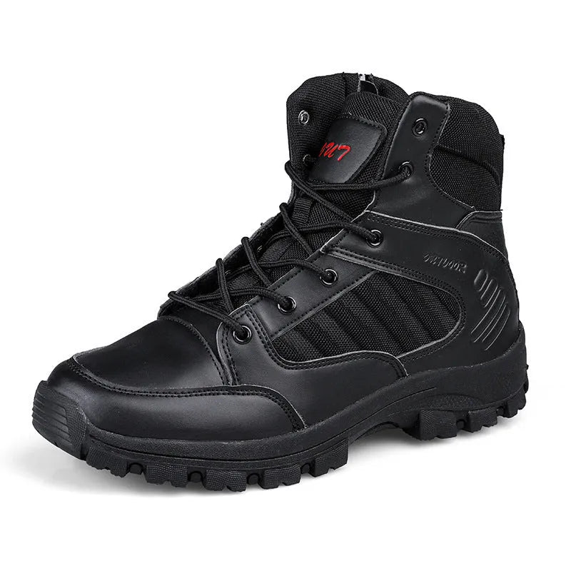 Men's high-top hiking shoes in green camouflage colour with artificial PU upper and metal accents.