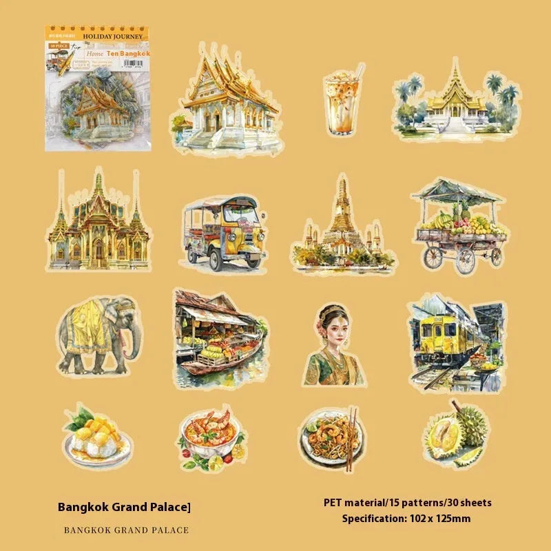 Holiday Journey Series retro architecture journal stickers showing six landmark designs.