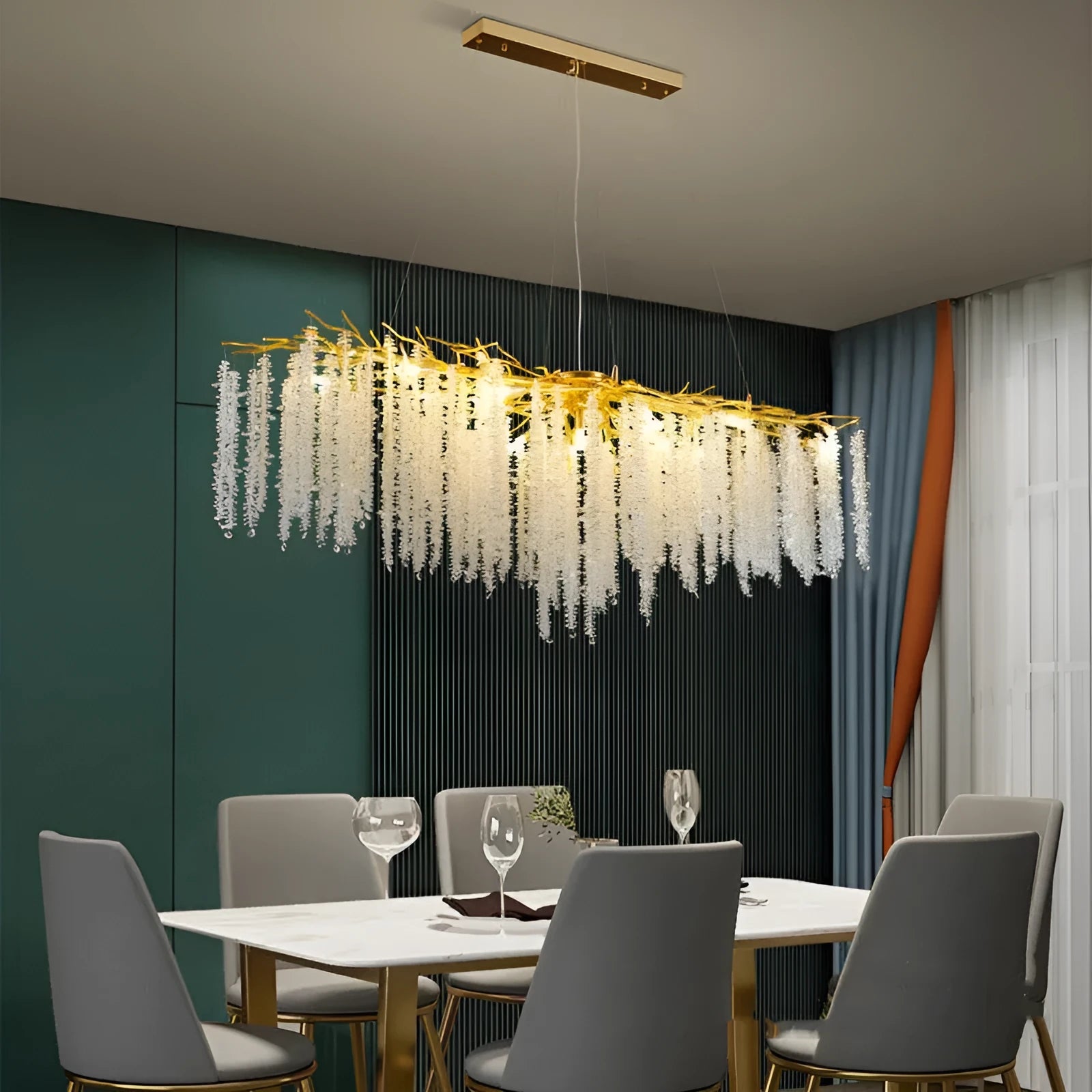 Crystal chandelier light with adjustable height, shown in a light luxury style with aluminium alloy body.