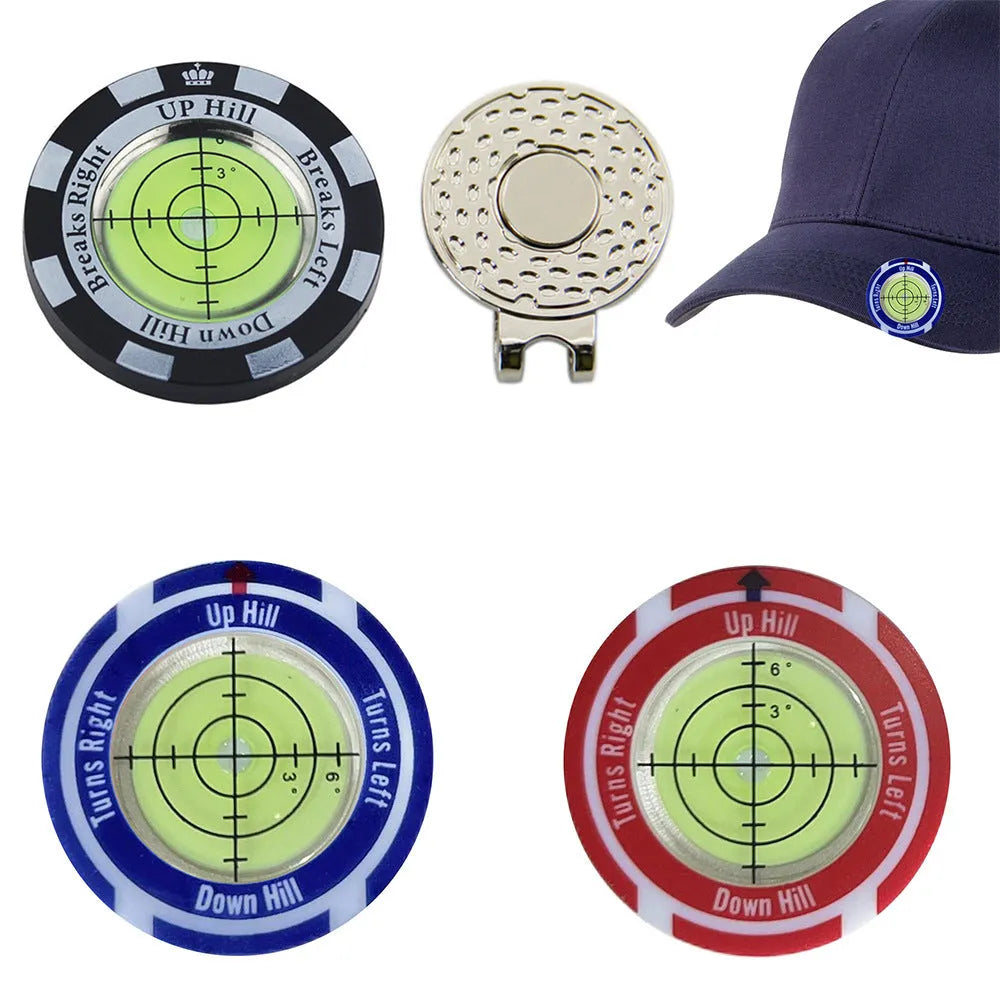 Golf level tool with clip for hat attachment showing position mark indicator