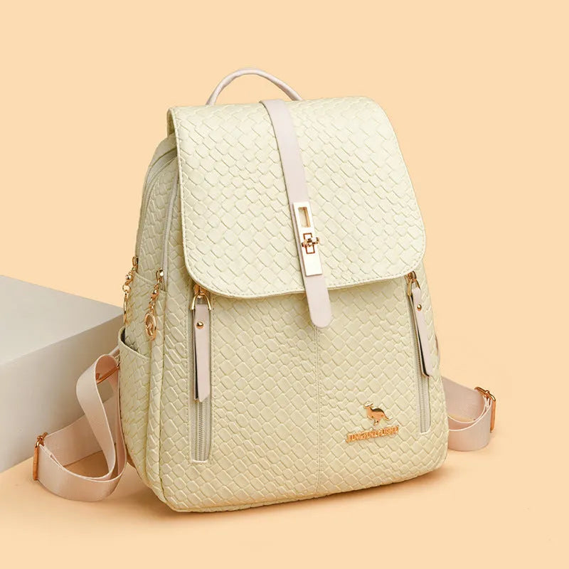 Women's large capacity waterproof PU backpack in black or white with medium hardness and no lining cloth