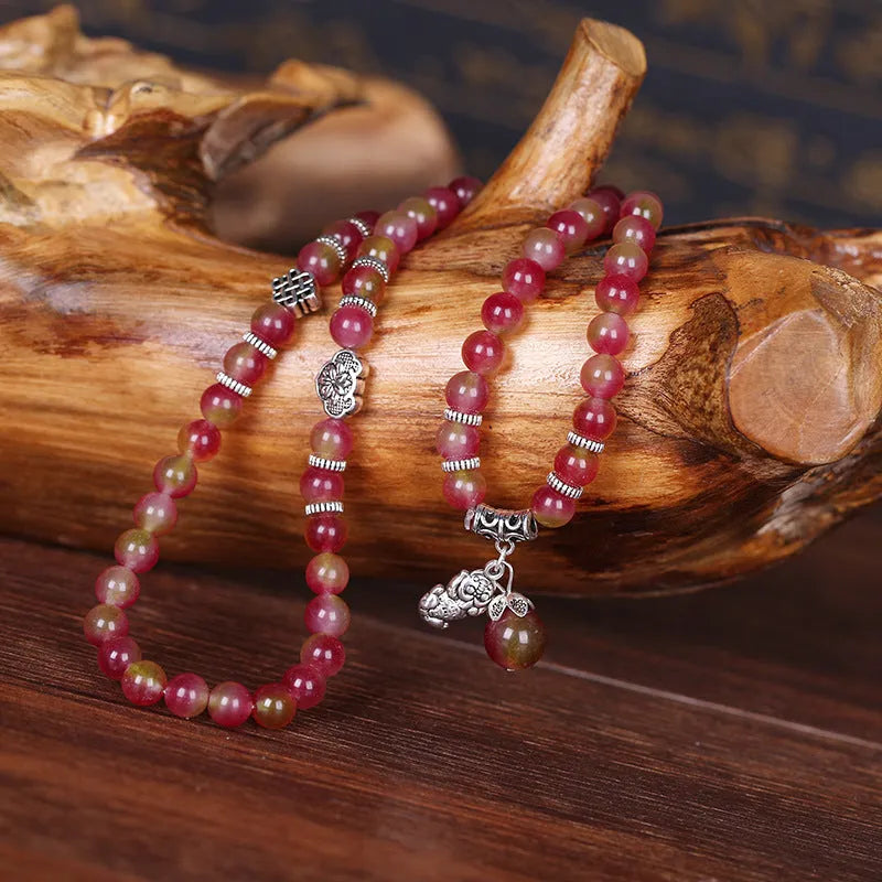 Handmade watermelon crystal bracelet with Chinese knot in geometric national style