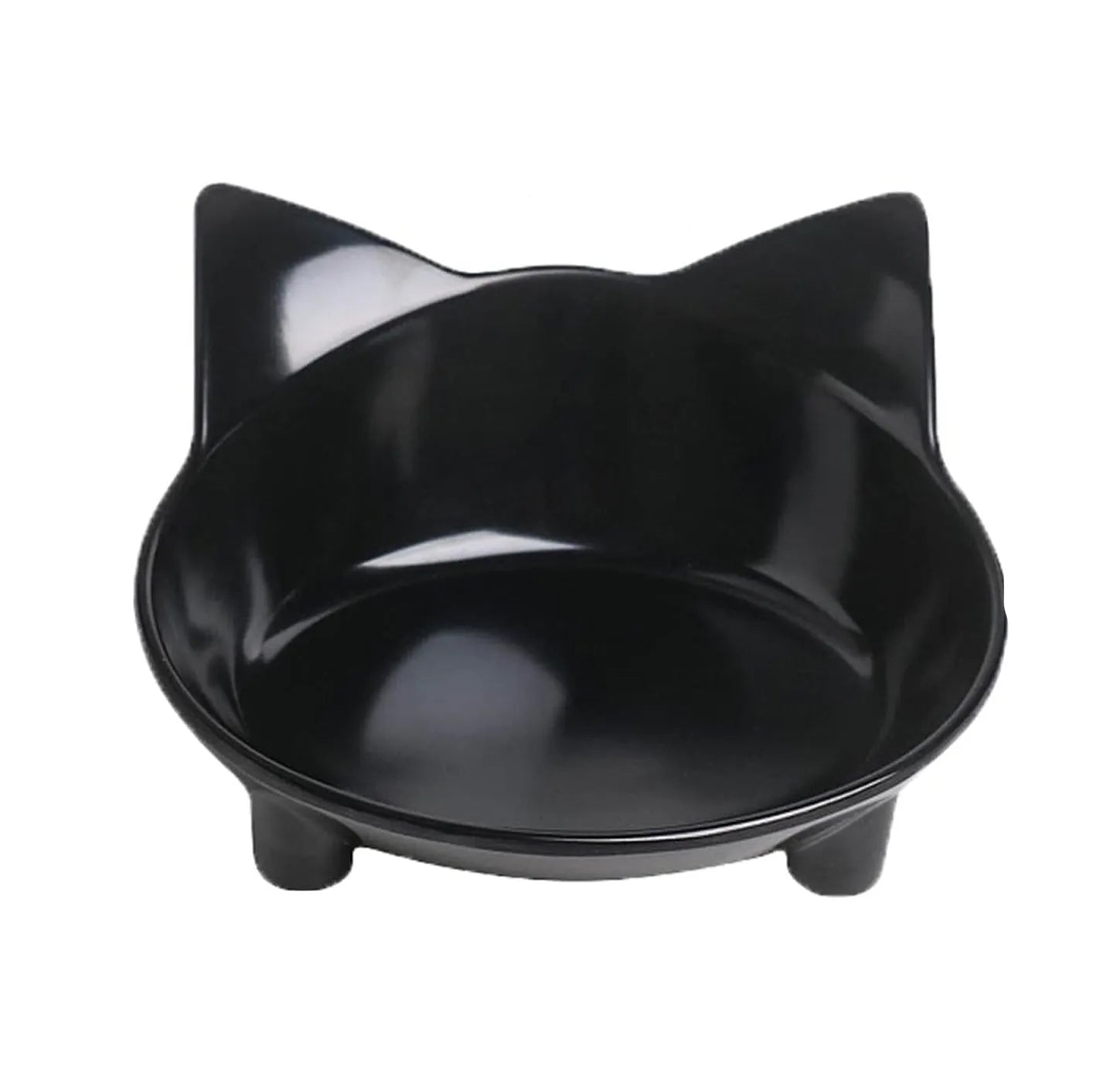 Set of four shallow melamine cat bowls with non-slip rubber bases in black and white