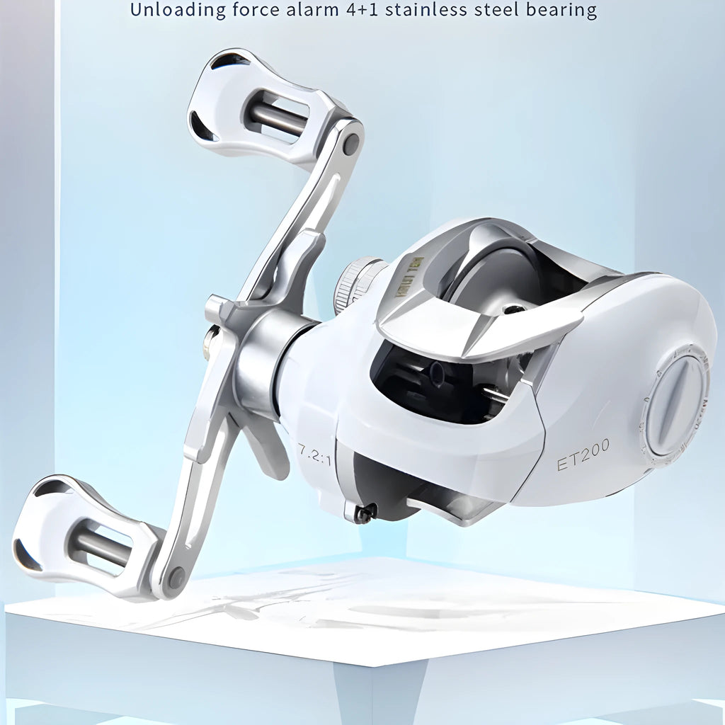White micro object bait casting fishing reel with drop wheel mechanism shown from multiple angles