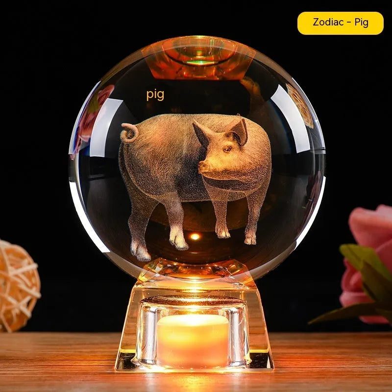 White crystal ball zodiac lamp with Chinese style design and electronic base showing zodiac symbol
