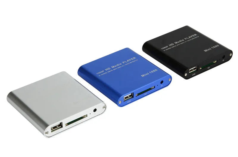 Compact black HDMI media player with USB port and remote control for 1080P video playback