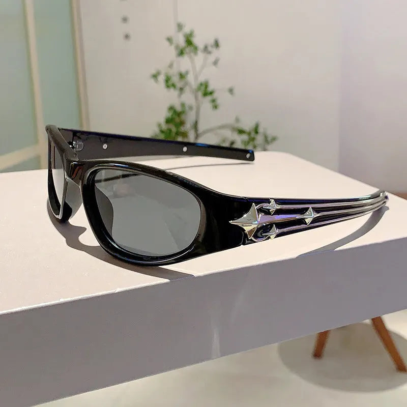 Black frame sports sunglasses with gray Category 3 lenses showing windproof design for cycling and running activities