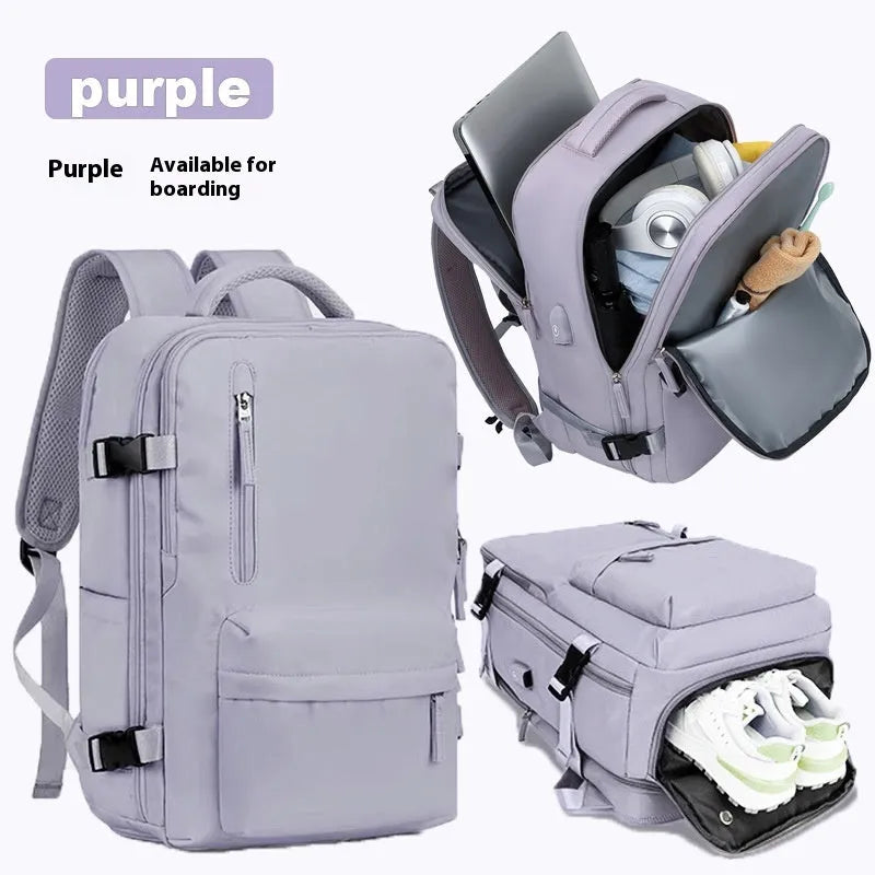 Large capacity waterproof Oxford cloth backpack in solid color with curved shoulder straps for travel and school use
