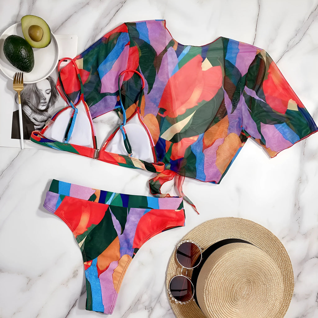 Red women's printed split swimsuit with European-American pattern design for swimming