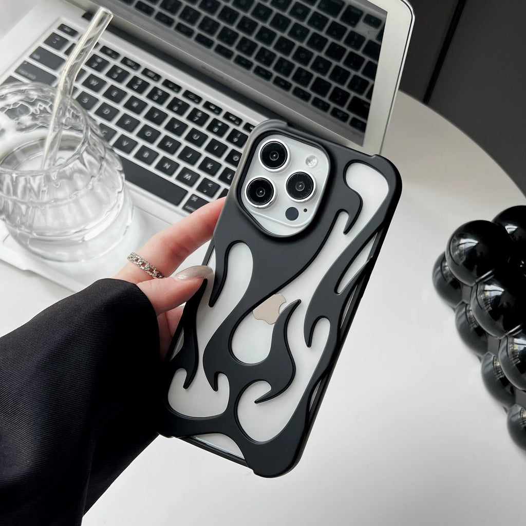 Electroplated hollow flame pattern iPhone case in silver TPU soft shell on a mobile phone.