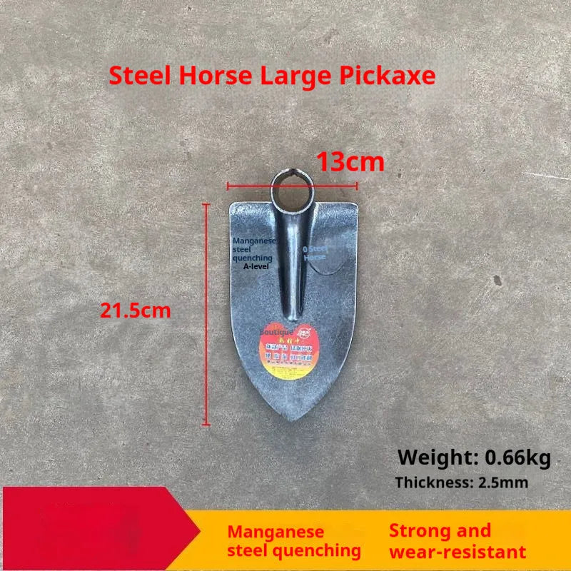Agricultural flat hoe with a pointed manganese steel tip and stainless steel construction for weeding and ploughing.
