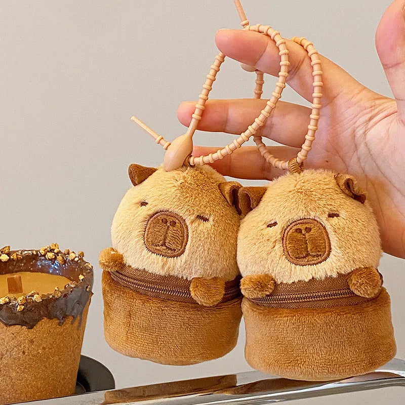 Cute Cartoon Capabala brown plush coin purse and earphone bag with embroidered animal pattern