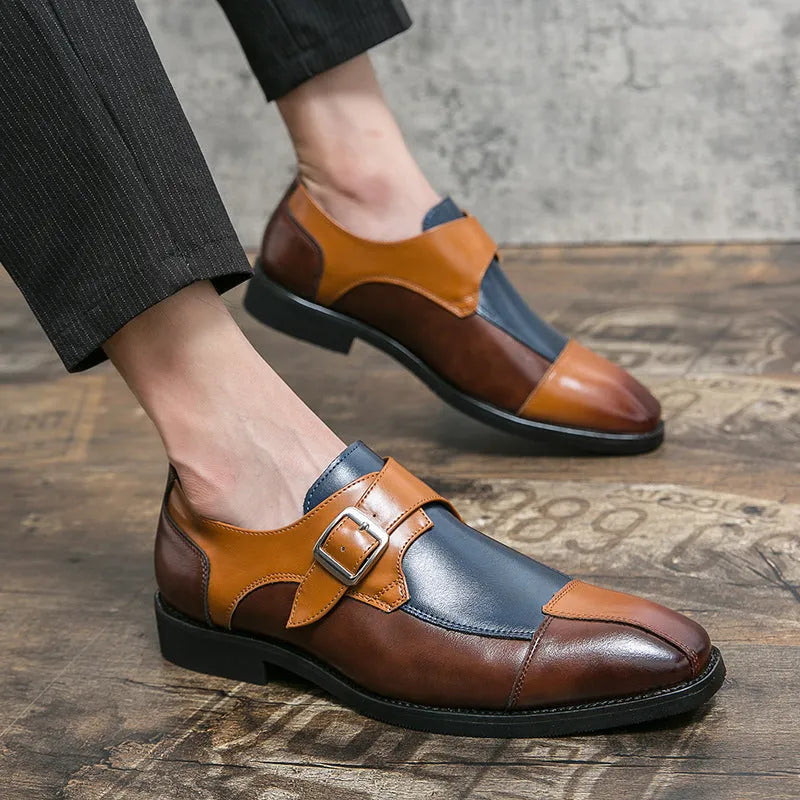 Men's brown blue and black retro buckle leather shoes with a tall high upper