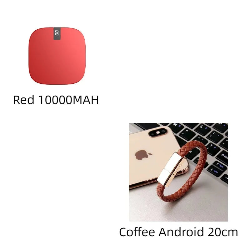 10000mAh mini power bank with LCD display, dual USB ports, and fast input, in red, white, or black.