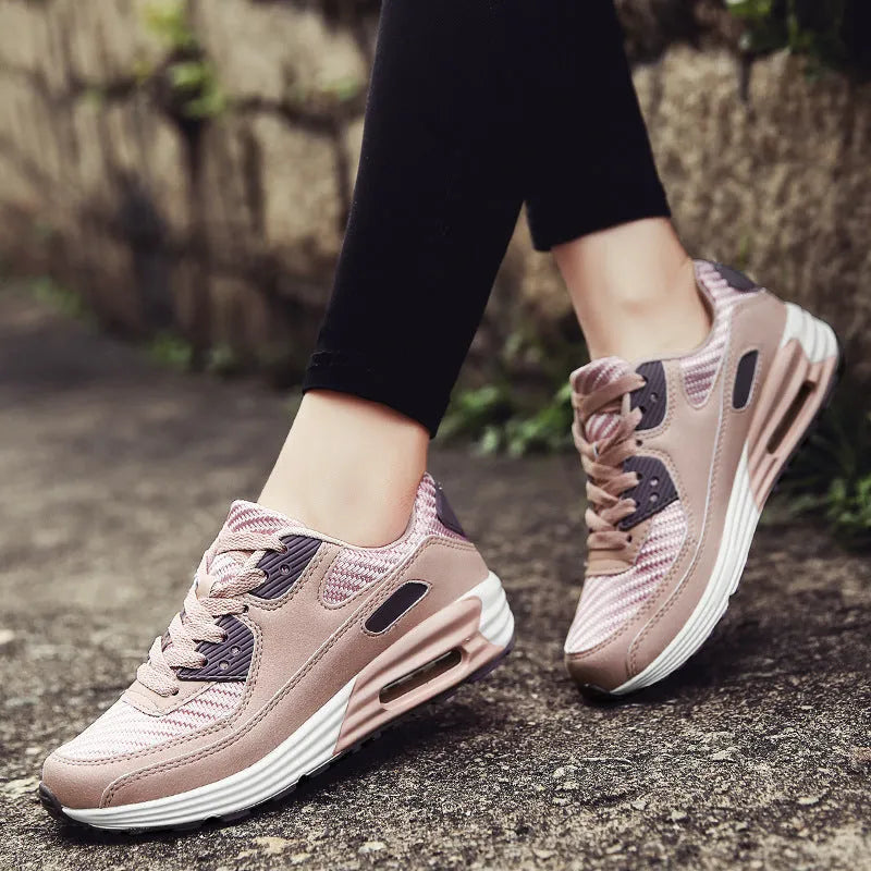 Women's low heel casual shoes in beige orange, grey, and pink purple colours on a sizing chart.