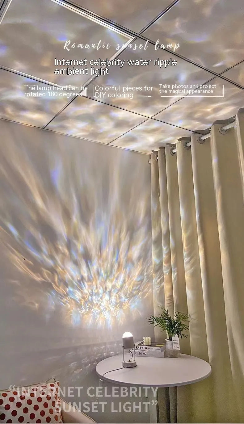 Water ripple ambience light showing ceiling and desktop installation options with metal lamp holder