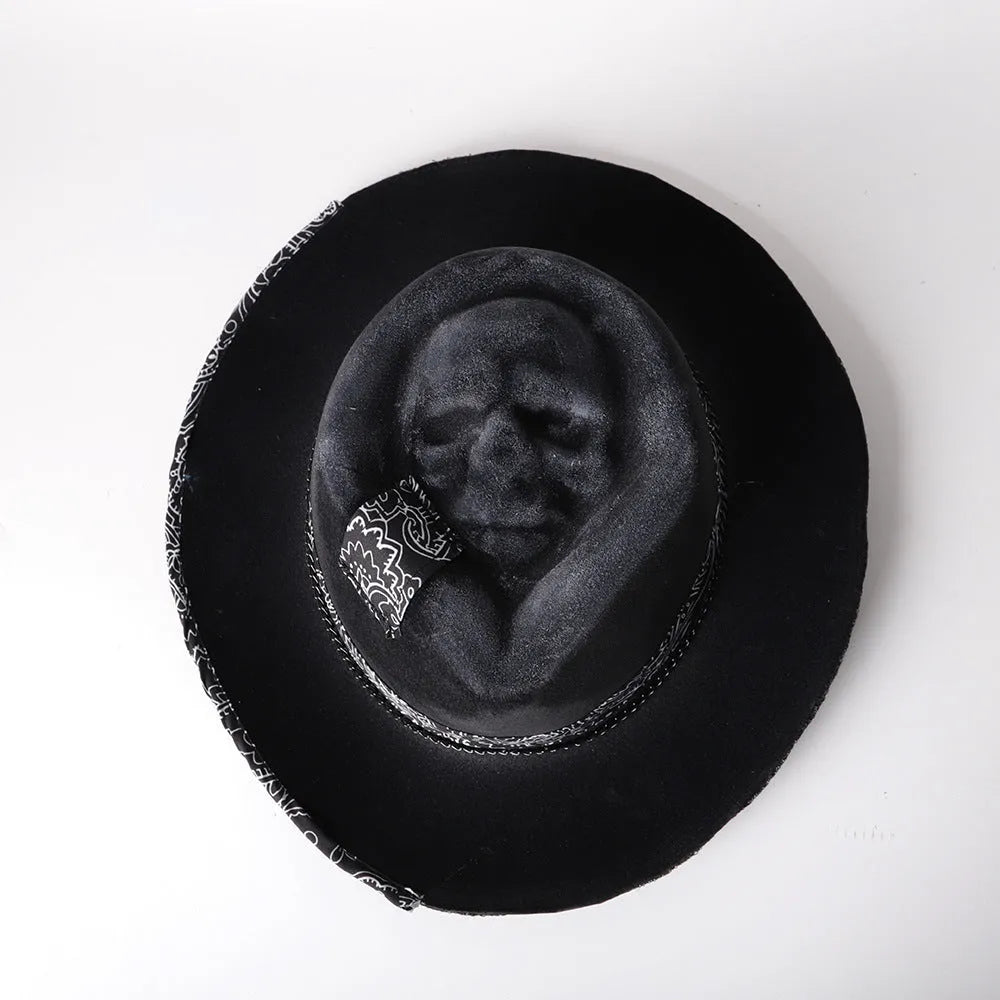 Handmade wool felt skull hat with conical crown design in denim-style finish