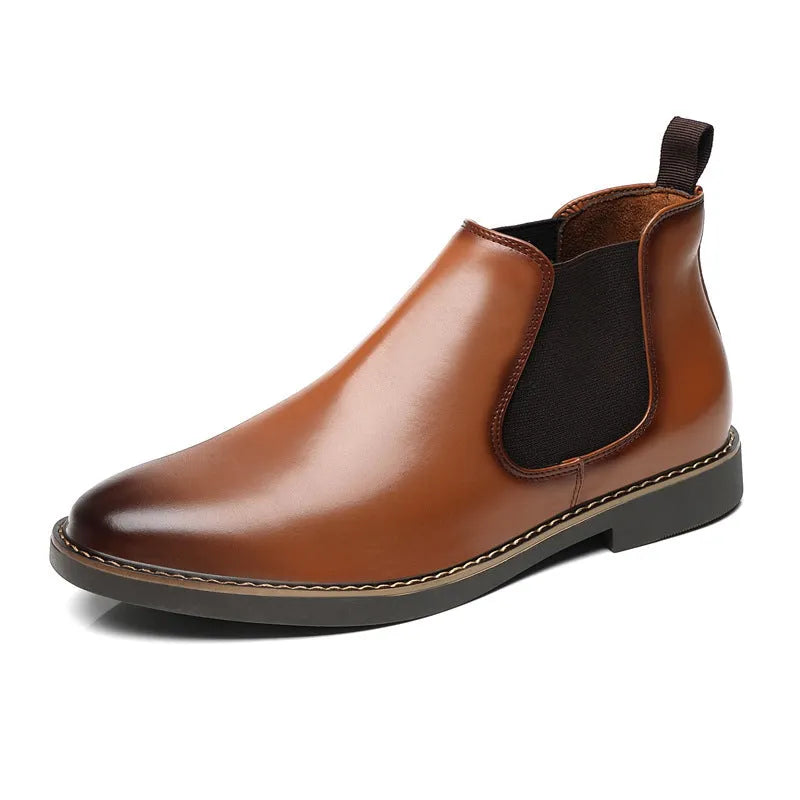 Men's black formal pointed-toe leather boots with square heel on a rubber sole