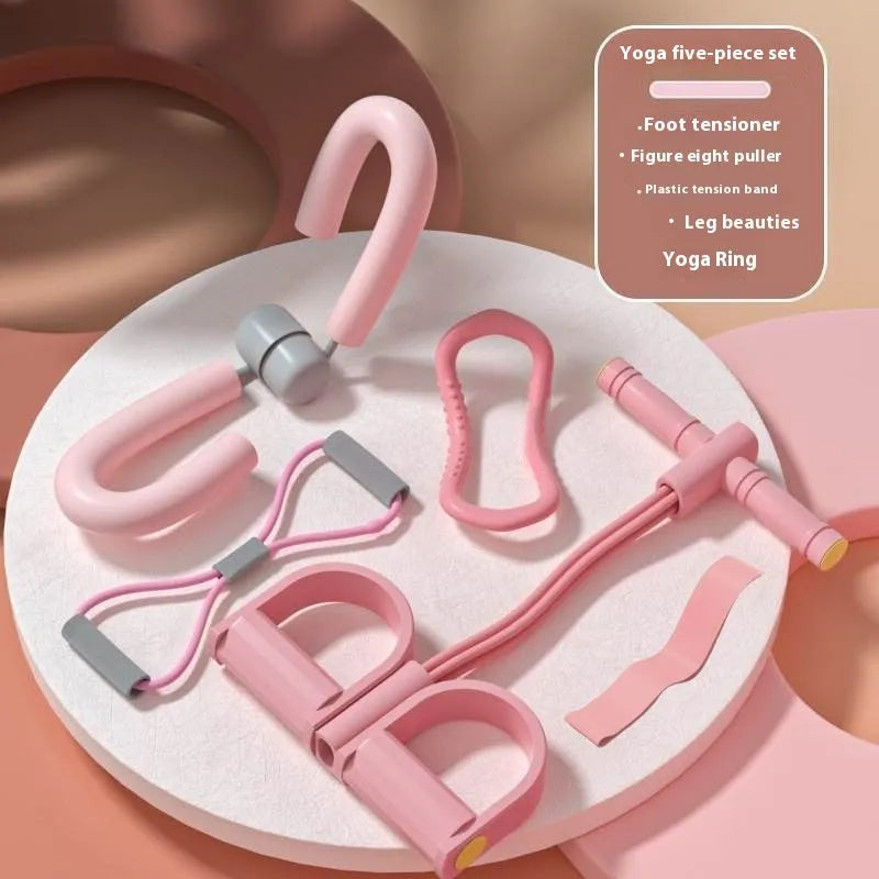 Four-piece yoga fitness set with leg stretcher, yoga ring, pedal puller, and figure-eight tension rope.