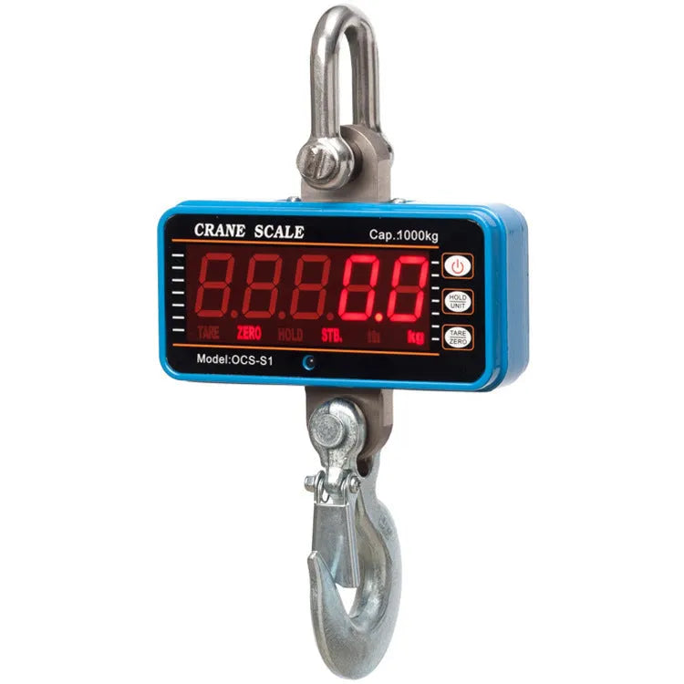 Orange electronic crane scale with digital display showing weight measurement up to 500kg capacity