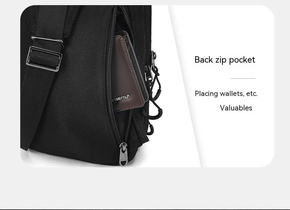 Casual black TPU waterproof chest bag with single strap and square vertical shape.