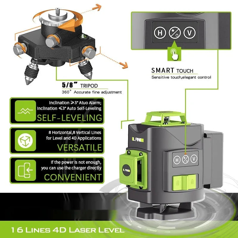 Green laser level unit projecting 16 visible laser lines on a wall for alignment.
