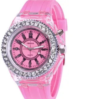Women's LED luminous watch with colourful dial on silicone strap showing 43mm size
