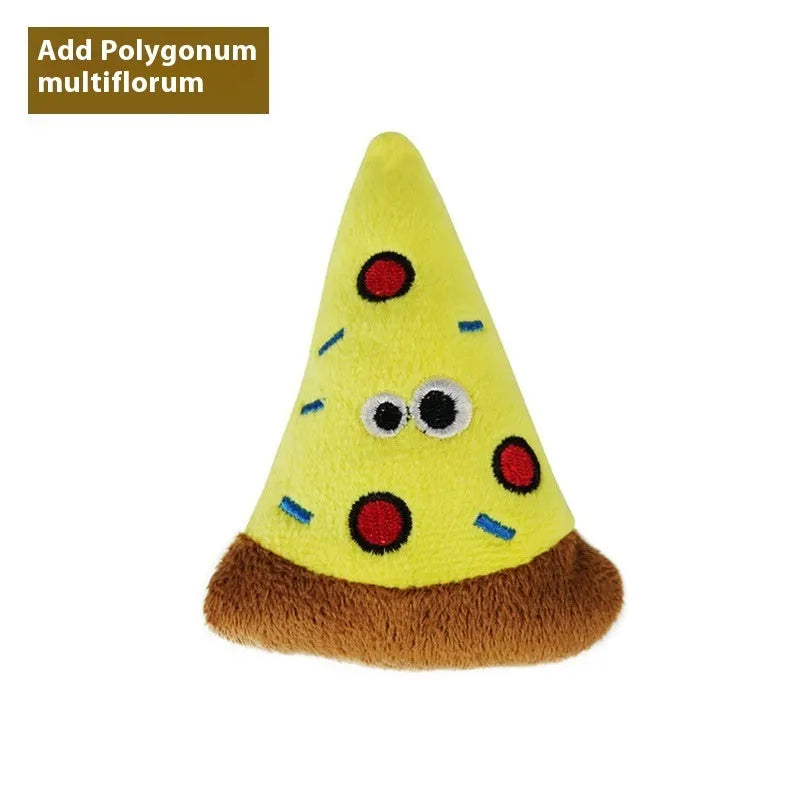 Six colourful polygonum multiflorum shaped cat toys: burrito, cone, cucumber, mushroom, pineapple, and pizza designs