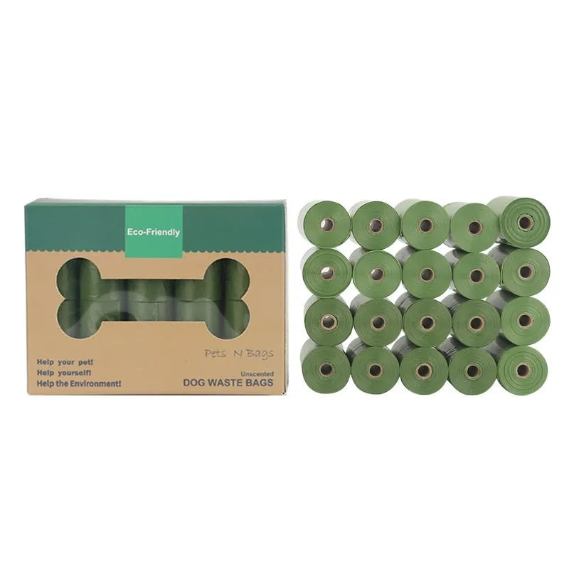 EPI degradable pet waste bag rolls in green, black, blue, and orange colours with a capsule dispenser.