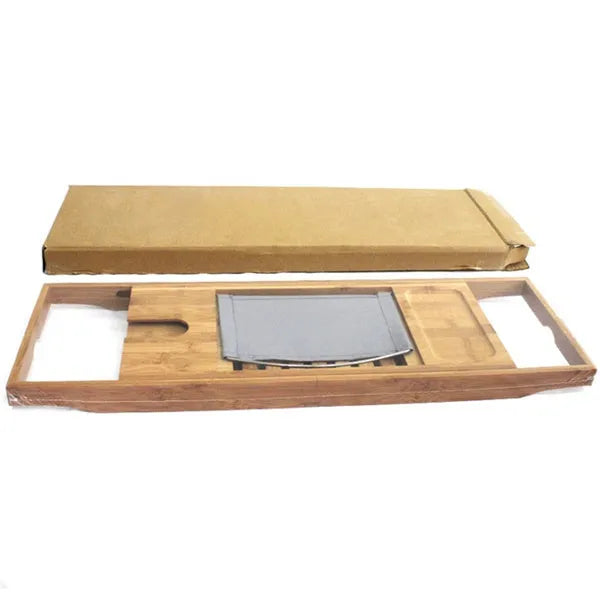 Natural bamboo freestanding shelf unit for bathtub side storage.