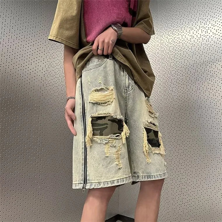 Men's camouflage patterned denim shorts with ripped detailing in yellow colour, straight leg Korean style