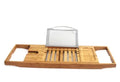 Natural bamboo freestanding shelf unit for bathtub side storage.