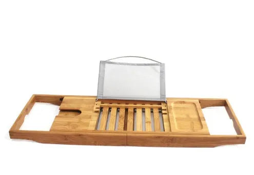 Natural bamboo freestanding shelf unit for bathtub side storage.
