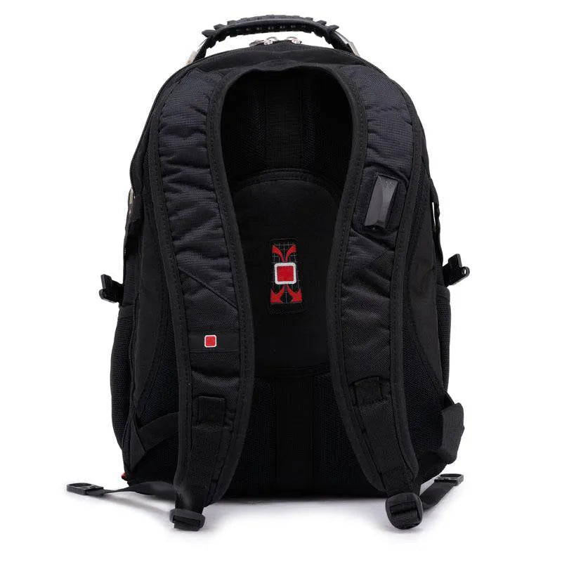Black business laptop backpack open to show three internal compartments and laptop sleeve