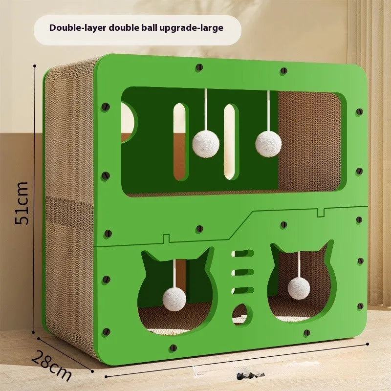 Double-layer cat scratching board and nest in a choice of styles including big eyes, cat head, owl, or double door.