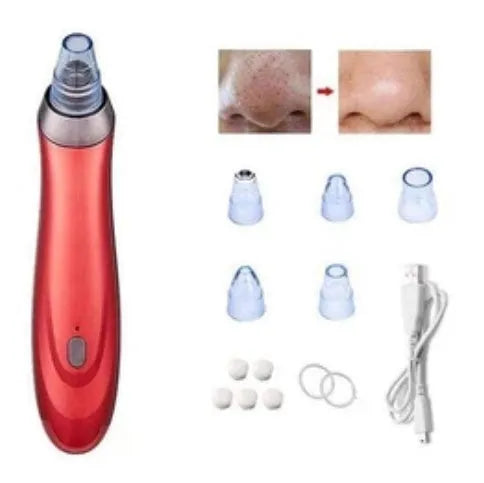 Black electric blackhead remover device with vacuum suction function and different coloured nozzles.